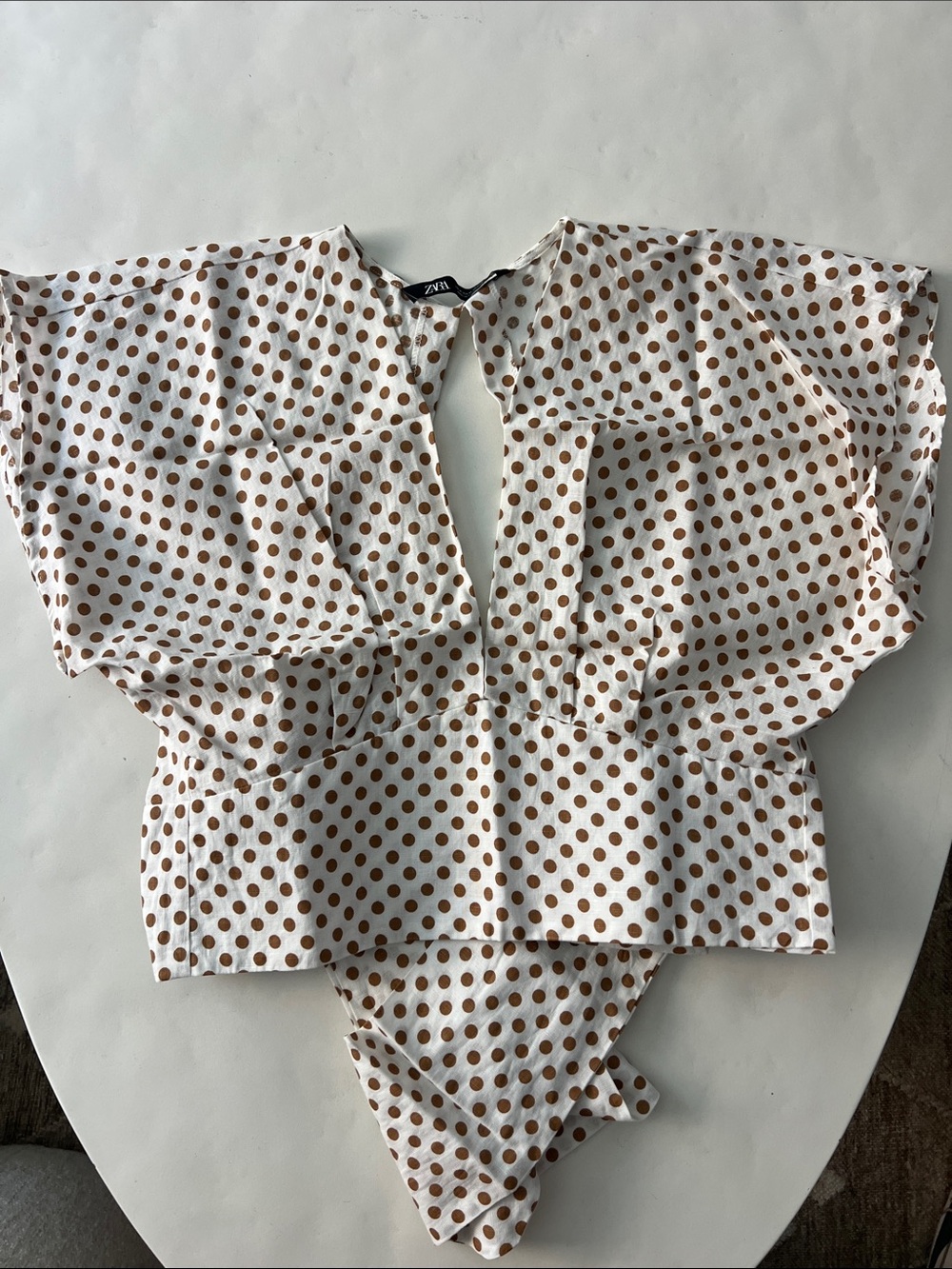 ZARA Linen Blend Polka Dot Crop Deep V Neck Tie Back Blouse Top White Mustard M - Picture 4 of 8
